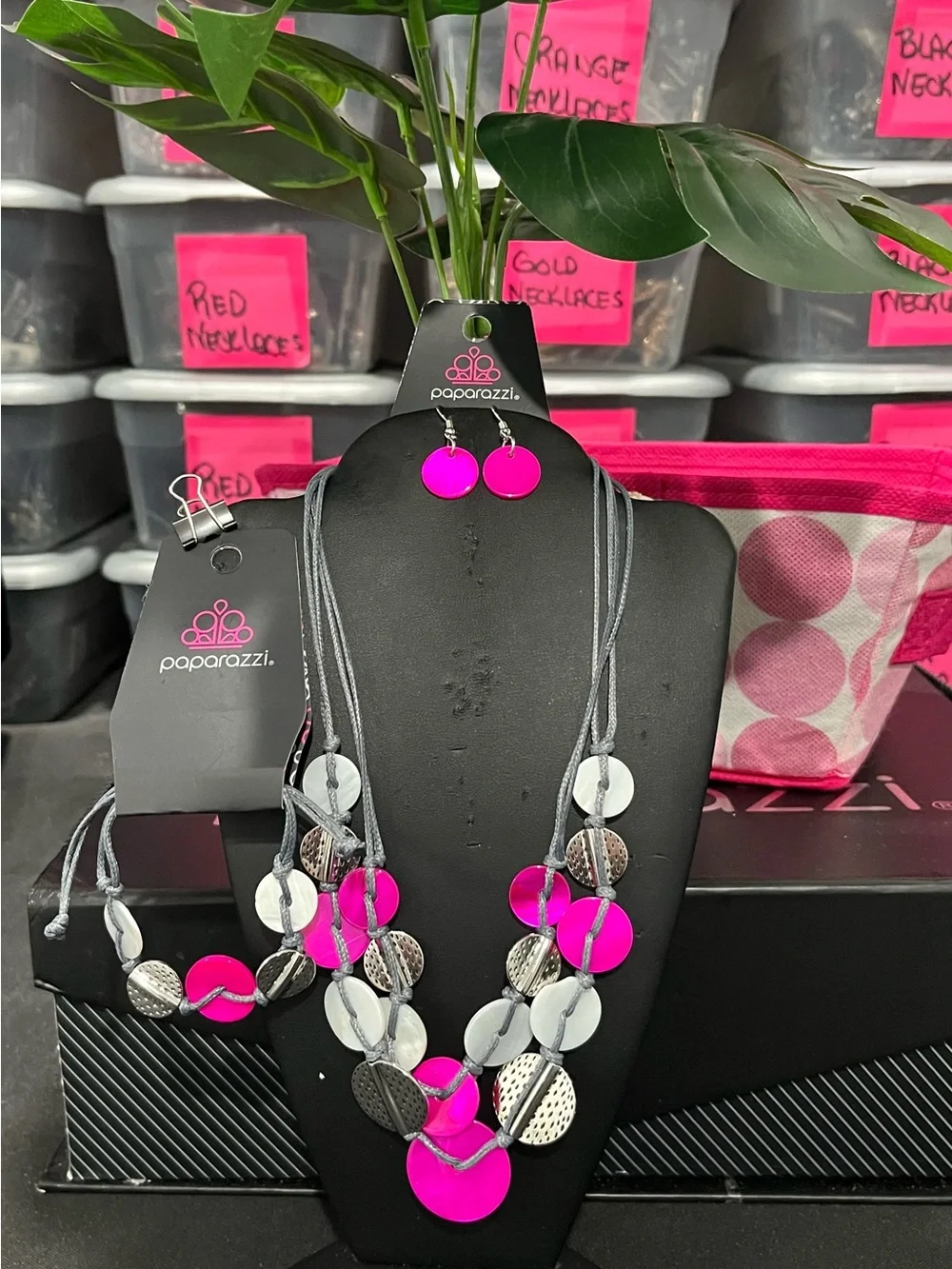 paparazzi Hot Pink and Silver Multi-Disc Layered Necklace Set